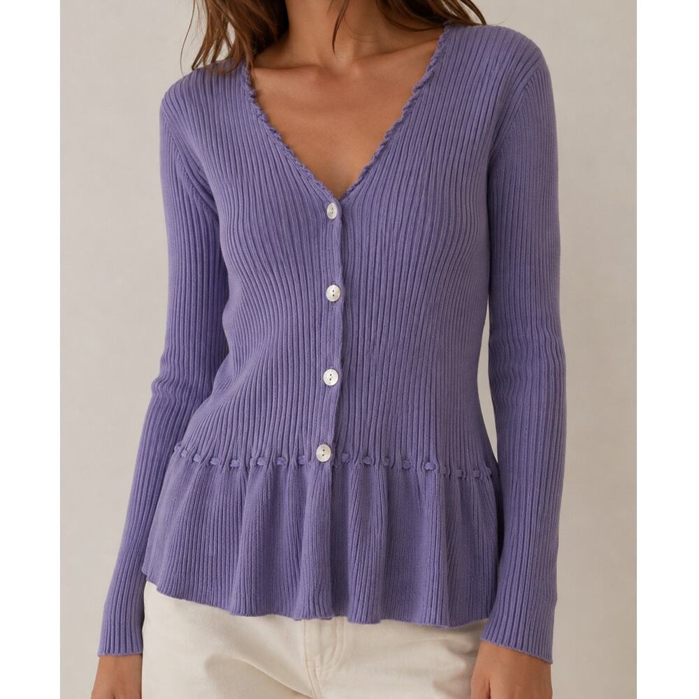 April Cornell Lavender Cardigan Laced Fairy Cottage Ribbed Purple Soft Girl-M